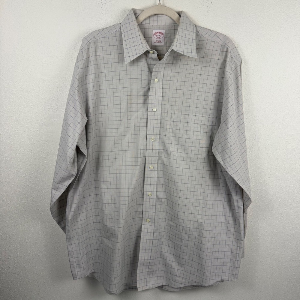 Brooks Brothers 346 Mens Non-Iron Dress Shirt 16.5 4/5 Cream Blue Windowpane